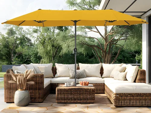 Miniatura 7 de PHI VILLA Sombrilla Grande de Patio de 13 Pies de Doble Cara Gemela para Mercado Exterior con Manivela, Beige