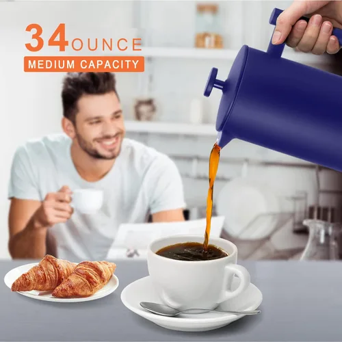Miniatura 2 de Secura Cafetera de Prensa Francesa, Prensa de Café de Acero Inoxidable de Doble Pared Grado 304 con 2 Filtros Adicionales, 34 oz (1L), Azul