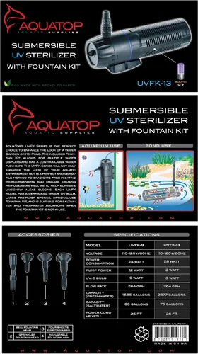 Miniatura 4 de Aquatop Bomba sumergible para estanque de 264 GPH con kit de fuente, luz UV de 13 vatios para agua cristalina, uso de agua dulce y salada, ideal