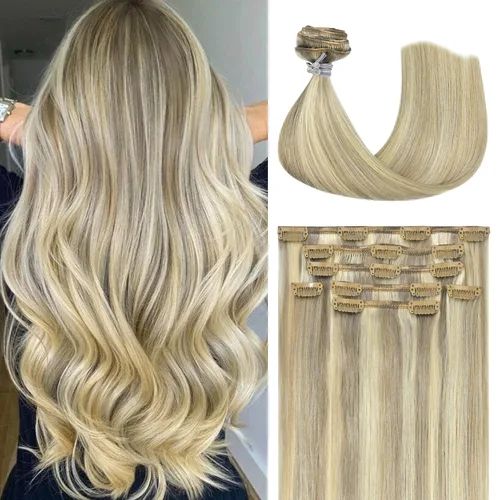 Miniatura 40 de Honsoo Extensiones de cabello humano real de color marrón con pinzas, marrón castaño, 15 pulgadas, 70 g, 7 unidades, cabello lacio sedoso y marrón