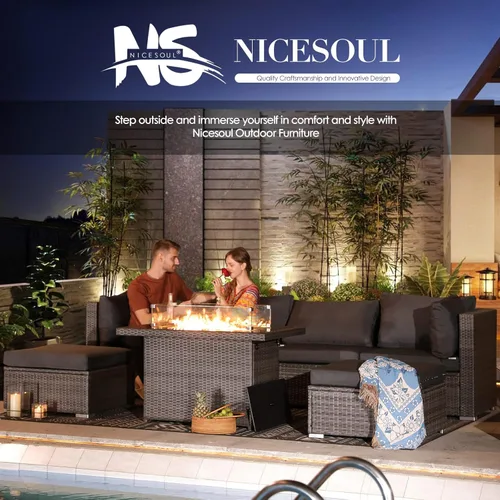 Miniatura 9 de NICESOUL Juego de muebles de patio modernos y extra grandes de 7 piezas con hoguera, cómodos juegos modulares para 6 personas para exteriores, sofá