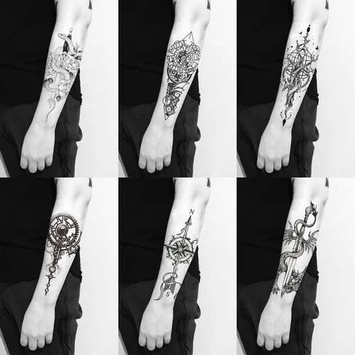 Miniatura 3 de 8 hojas de tatuajes temporales negros con flechas, brújulas, plumas, dragones, anclas, espadas, serpientes, árboles y flores para el brazo