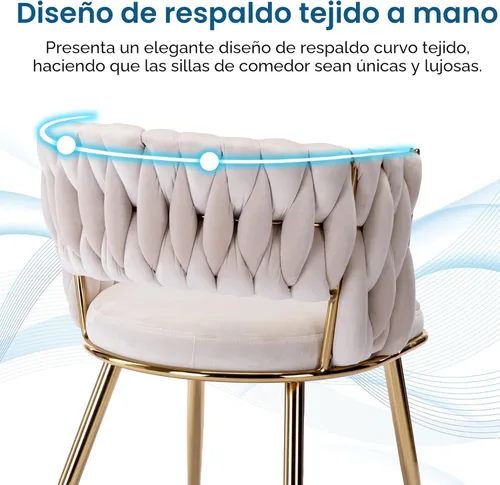 Miniatura 6 de KCC Juego de 2 sillas de comedor modernas de terciopelo, sillas tapizadas para sala de estar con respaldo tejido y patas de metal dorado, silla