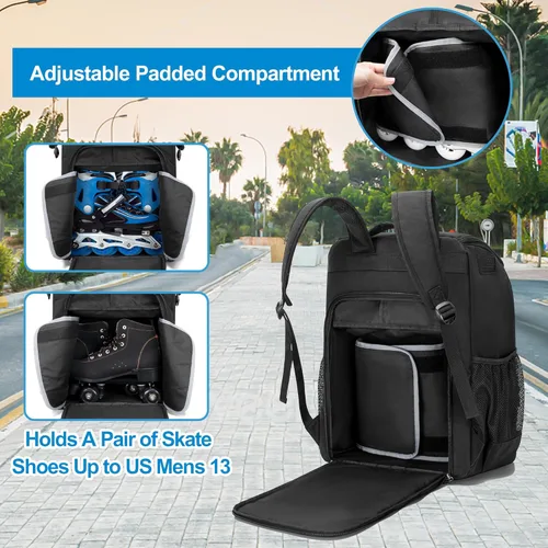 Miniatura 3 de GOBUROS Bolsa de patinaje sobre ruedas para zapatos de hasta 13 hombres de EE. UU., mochila para patinaje sobre hielo con bolsillo superior