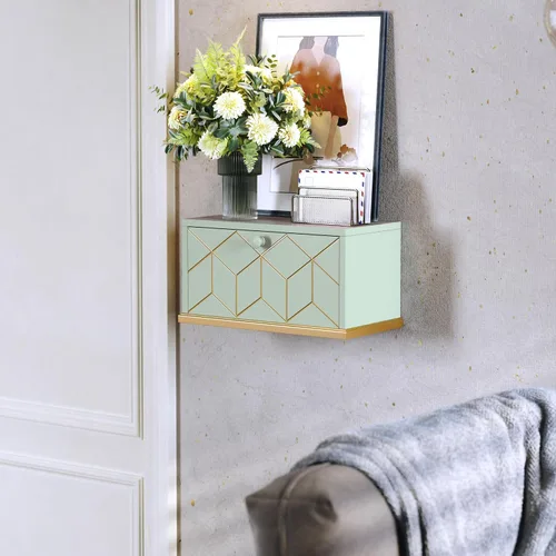 Miniatura 6 de HLR Mesita de noche flotante, pequeña mesita de noche con puerta de solapa, mesita de noche flotante montada en la pared para dormitorios, verde