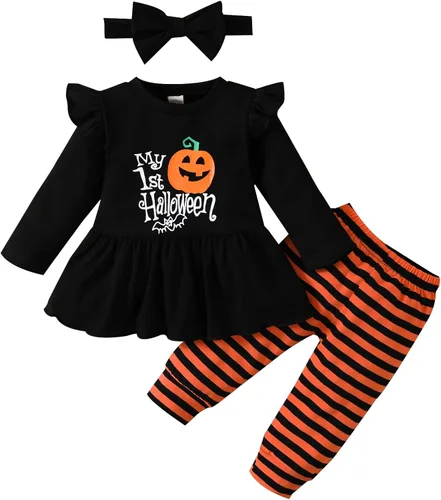 Noubeau My 1st Halloween Baby Girl Outfits Ruffle Pumpkin Print Túnica Drees Camisa Pantalones Rayas Legging Otoño Invierno Ropa