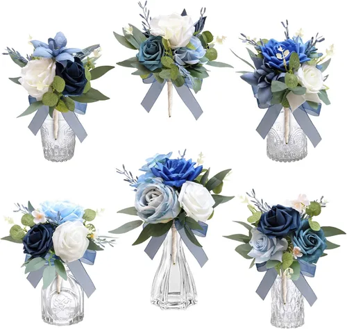 CherishedMoments Juego de 6 centros de mesa de flores surtidas, mini flores florales para decoración de mesa de boda junto al mar, ramos de flores