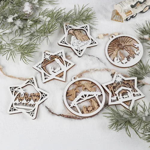 Miniatura 7 de Juego de 18 piezas de adornos de belén para árbol de Navidad, adorno de escena de natividad de madera, regalo religioso para decoración navideña