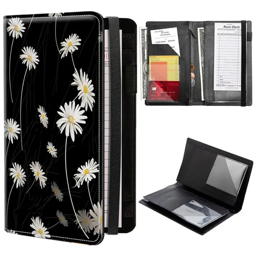 Miniatura 34 de Libros de servidor de girasol de mariposa dorada para camarera, cartera de cuero sintético con cierre de vendaje elástico, organizador con bolsillo