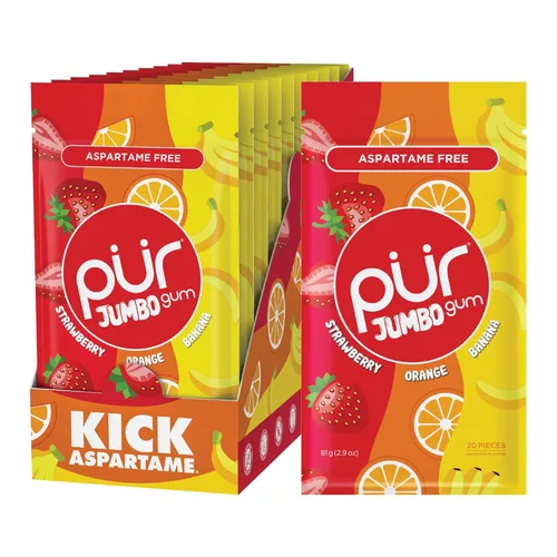 PUR - Chicle Jumbo | Chicle sin aspartamo | 100% xilitol | Sabor natural a fresa, plátano, naranja, 20 piezas (paquete de 10)