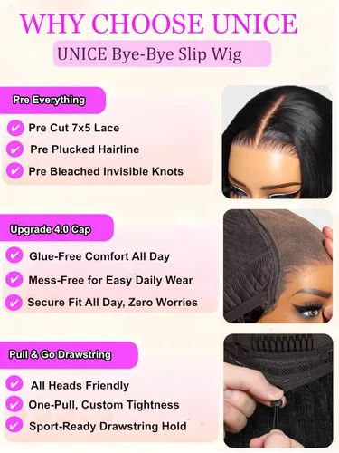 Miniatura 6 de UNICE Yaki Peluca Bob Recta de Cabello Humano con Cordón Adiós Nudos Sin Pegamento 7x5 Pelucas Frontales de Encaje de Cabello Humano Pre Desplumadas