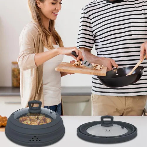 Miniatura 8 de Tapa protectora de salpicaduras de vidrio ventilado para microondas, tapa protectora de salpicaduras con silicona plegable para alimentos como Gris