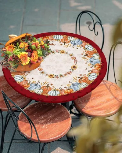Miniatura 28 de Mantel ajustado redondo de Navidad con Poinsettia, mantel de lino retro de Navidad impermeable para mesa circular, mantel circular elástico de Rojo
