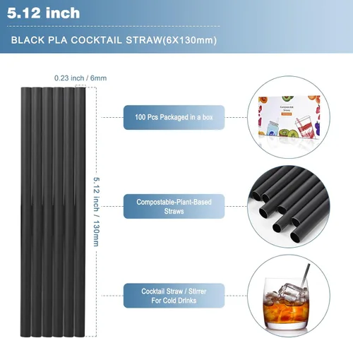 Miniatura 2 de 100 unidades de pajitas cortas biodegradables para cóctel en negro - 13 cm pajitas compostables desechables de PLA a base de plantas para bar