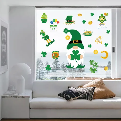 Miniatura 8 de AOWDIAO Calcomanías reutilizables de doble cara para ventana, duendes, tréboles, gnomos, monedas, decoración irlandesa festiva para ventanas