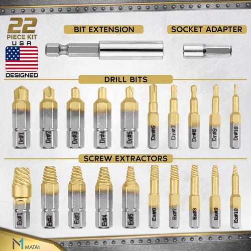 Miniatura 2 de Juego extractor de tornillos de titanio para tornillos pelados, rotos y dañados - 22 piezas, plata y oro - Kit removedor con brocas, extractores