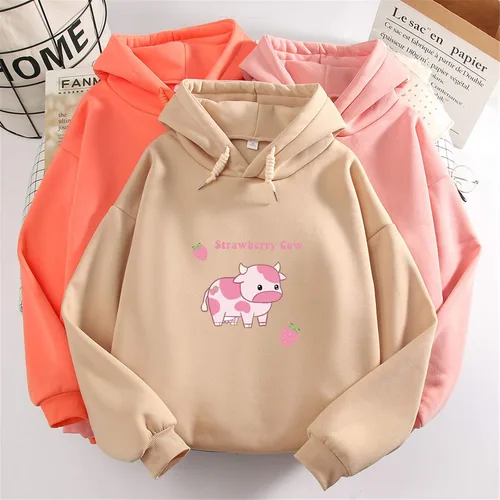 Miniatura 3 de KEEVICI Sudaderas con capucha para mujer, con estampado de vaca de fresa, casual, mullida