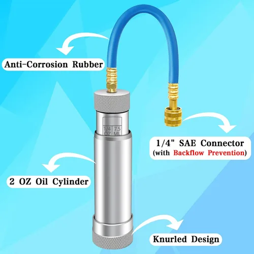 Miniatura 5 de Inyector de aceite de CA para R1234YF, R134A, R410A, inyector de aceite de tinte HVAC con conector SAE de 1/4", herramienta de inyector de aceite
