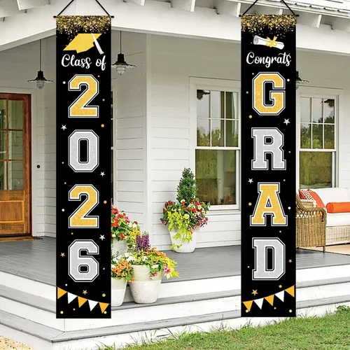 Bandera de decoración de graduación 2025 GRAD Bandera negra para porche y puerta de bienvenida para pared interior y exterior, decoración de