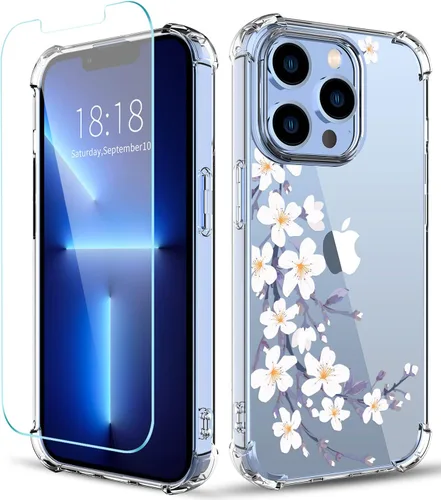 Miniatura 11 de Funda con diseño de patrón de flores para iPhone 13 Pro Max [con protector de pantalla], funda transparente floral para teléfono de mujer a prueba