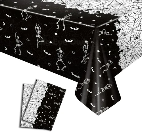 Miniatura 9 de 3 manteles desechables de Halloween con diseño de calavera y esqueleto, de plástico, color negro, rectangular, de vinilo, para decoración de fiestas