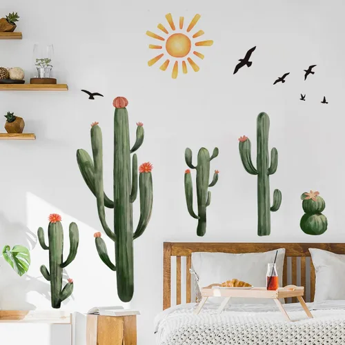 Miniatura 5 de Runtoo Calcomanía de pared de cactus bohemios, plantas botánicas verdes, calcomanías de pared para sala de estar, dormitorio, cocina, decoración