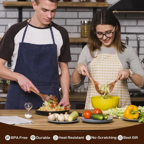 Miniatura 5 de Cucharas de madera para cocinar, juego de utensilios de cocina de madera de 5 piezas hechos de material de madera maciza natural, incluye cucharas