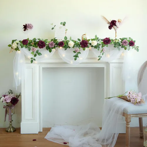 Miniatura 2 de PONATIA Guirnalda de Rosas Artificiales de Color Borgoña de 5 Pies Hecha a Mano, Flores Rosa Empolvado para Ceremonia de Boda, Guirnaldas de Telón