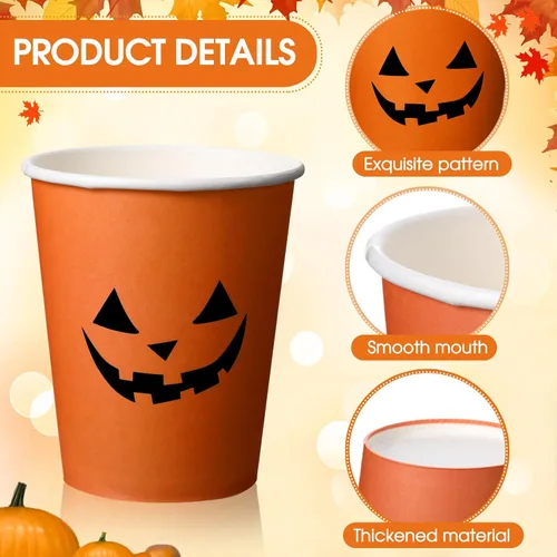 Miniatura 2 de Lallisa 100 vasos desechables de Halloween de 9 onzas, tazas de papel de calabaza naranja, tazas de café para café, agua, jugo, bebidas calientes
