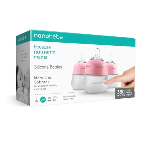 Miniatura 7 de Nanobebe - Biberón de silicona flexible, anticólicos, sensación natural, pezón que no se derrumba, base estable sin puntas, fácil de limpiar, Rosa