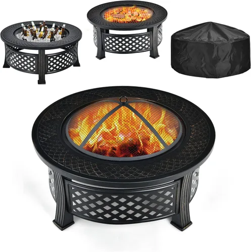 Giantex Pozo de fuego 3 en 1, hoguera de leña al aire libre de 32 pulgadas, estufa redonda multifuncional, cuenco de metal con tapa, hoguera
