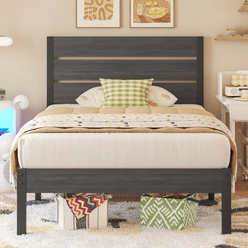 Miniatura 7 de Fluest Base de cama Queen con cabecero y estribo, con almacenamiento debajo de la cama, sistema de soporte totalmente metálico, no necesita somier