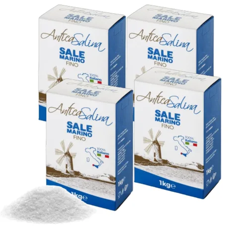 Sal marina fina | Antica Salina de Trapani, Sicilia | Todo natural, gourmet, sin blanquear, Kosher | 2.2 libras (2.2 lbs) | Paquete de 4