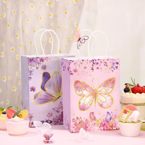 Miniatura 3 de Outus 24 piezas de bolsas de regalo de fiesta de mariposa, bolsas de golosinas de mariposa, bolsas de papel para regalos con mango, morado, azul