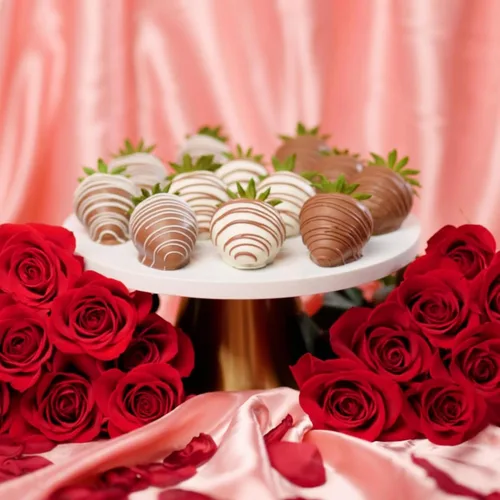 Miniatura 3 de Shari's Berries Juego de regalo de 12 rosas rojas clásicas y 6 fresas cubiertas de chocolate Caja de regalo de chocolate y flores frescas