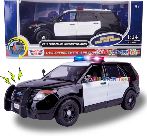 Motormax 79536 2015 Ford Police Interceptor Utility Negro y Blanco con barra de luz intermitente, luces delanteras y traseras y 2 sonidos 1/24