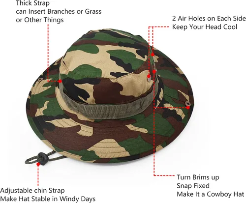 Miniatura 3 de Sombrero de protección solar de ala ancha para exteriores, clásico estilo militar de combate de EE. UU., gorra de sol para pesca, caza, campamento