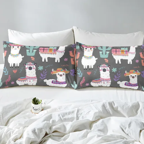 Miniatura 8 de Juego de sábanas para niños, bonito juego de ropa de cama con estampado de llama de dibujos animados y alpaca, sábana bajera ajustable para niños