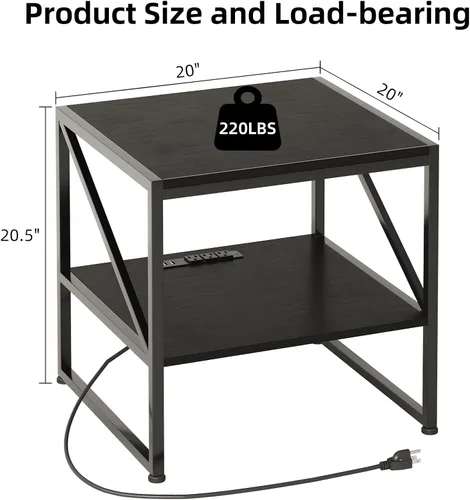 Miniatura 2 de Mesa auxiliar con estación de carga, mesa auxiliar cuadrada de 20 pulgadas con puertos USB y tomas de corriente, mini soporte para refrigerador