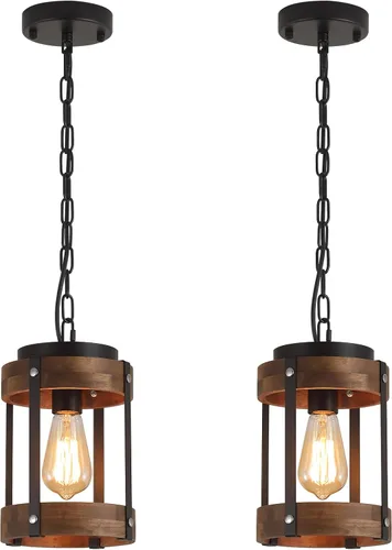 Miniatura 10 de Lámpara colgante de madera rústica de granja con cadena ajustable de una sola luz de madera de roble y farol de metal, iluminación colgante pequeña