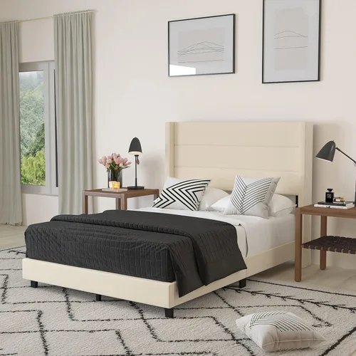 Miniatura 18 de Merrick Lane Percy - Cama de plataforma moderna, lino sintético beige, tamaño Queen, cabecero acolchado con respaldo con alas cosidas de canal