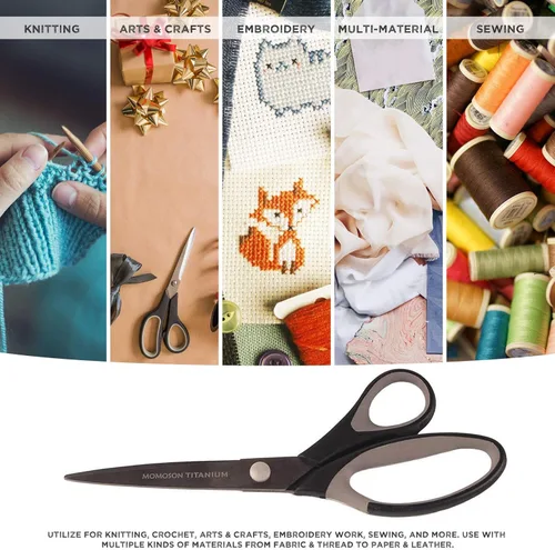 Miniatura 13 de BambooMN Juego de tijeras de titanio Softgrip para costura, arte, manualidades, oficina, 1 juego de 3 unidades, rojo con incrustaciones negras 3