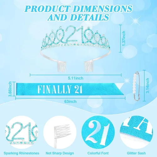 Miniatura 3 de CAVETEE Diadema de cumpleaños para mujer, decoraciones de cumpleaños número 21, banda y corona para fiesta de 21 años (azul, talla única)