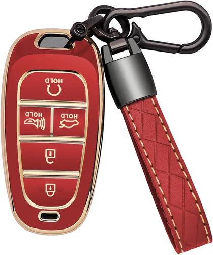 Miniatura 10 de Funda para llavero Hyundai, 5 botones, TPU suave con llavero de cuero, protección de 360 grados, funda para llave de automóvil, compatible con R