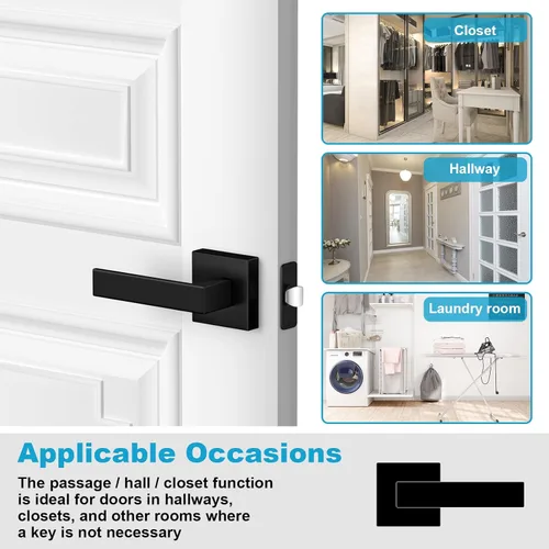 Miniatura 5 de Estmoon Paquete de 2 palancas de puerta de paso, pomos de puerta negros mate, manijas de puerta cuadradas para interiores, palancas resistentes sin