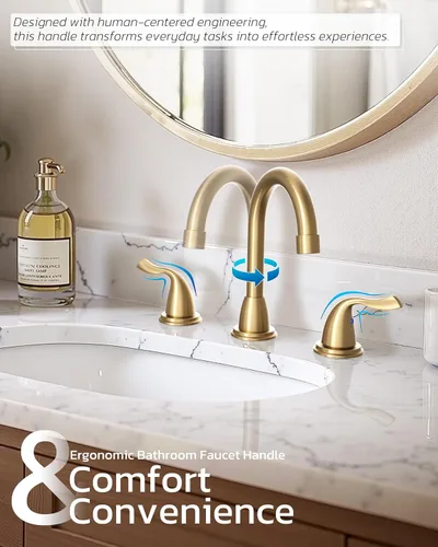 Miniatura 3 de Grifo de baño de oro cepillado de 3 agujeros: grifo de baño amplio ARCORA de 8 pulgadas, 2 manijas para fregadero de baño con ensamblaje de drenaje