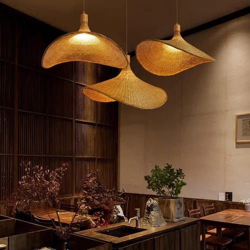 Miniatura 2 de Lámpara colgante de bambú, lámpara de nido de pájaro artístico, sombrero, luz colgante de techo con cable ajustable para sala de estar, comedor, bar