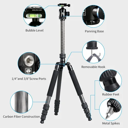 Miniatura 2 de SIRUI Trípode profesional de fibra de carbono resistente, trípode de cámara de 61 ″ con cabezal de bola fluida, carga máxima de 33 libras