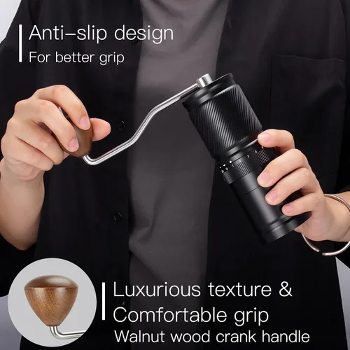 Miniatura 4 de Molinillo de café manual con ajuste numérico externo ajustable, capacidad 1.06 oz con rebabas cónicas de acero inoxidable CNC (negro)