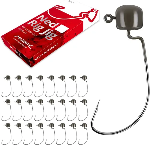 MadBite by KastKing Ned Rig Jig Heads for Soft Fishing Lures, 24-Pack Finesse Standard Mushroom Stand-up Ned Heads Kit, Needle Point Saltwater &